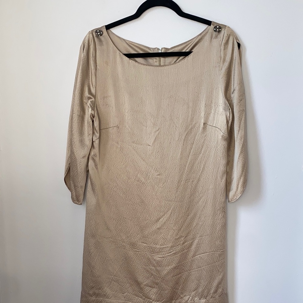 BCBGMaxAzria Vintage Hammered Gold Silk 3/4 Long Sleeve Dress